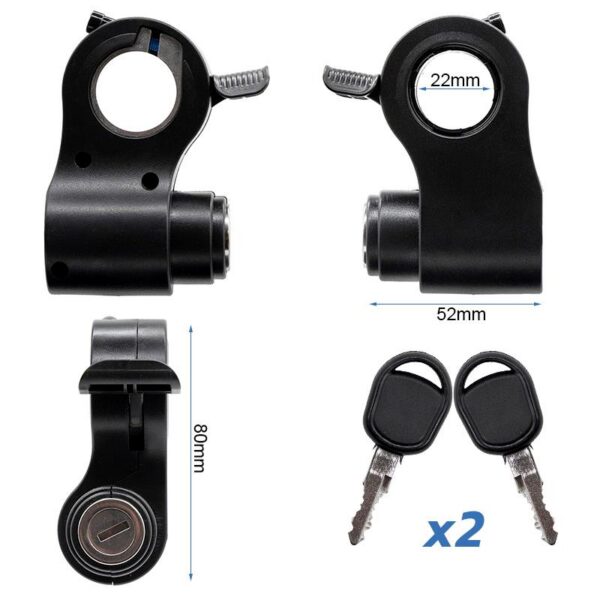 Cotes de l'accélérateur à clé de trottinette Kukirin G2 Pro 2024 : collier de 22 mm, corps de 52 × 80 mm, deux clés