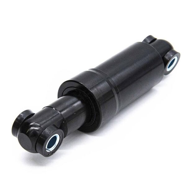 Amortisseur arrière 110 mm noir — vue de trois quarts, corps cylindrique et œillets articulés Amortisseur arrière 110 mm noir — vue de trois quarts, corps cylindrique et œillets articulés