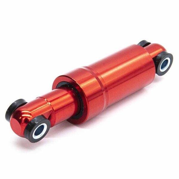 Amortisseur arrière 110 mm rouge — vue de trois quarts, corps cylindrique et œillets articulés Amortisseur arrière 110 mm rouge — vue de trois quarts, corps cylindrique et œillets articulés