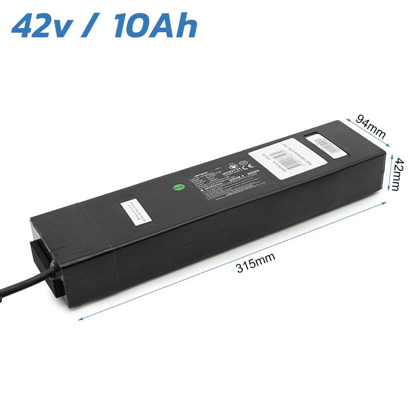 Dessin coté de la batterie 36 V 10 Ah : 315 mm de long, 94 mm de large, 42 mm d'épaisseur