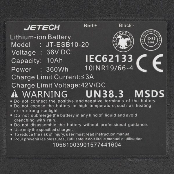 Étiquette de la batterie : 36 V, 10 Ah, 360 Wh, charge limitée à 3 A sous 42 V