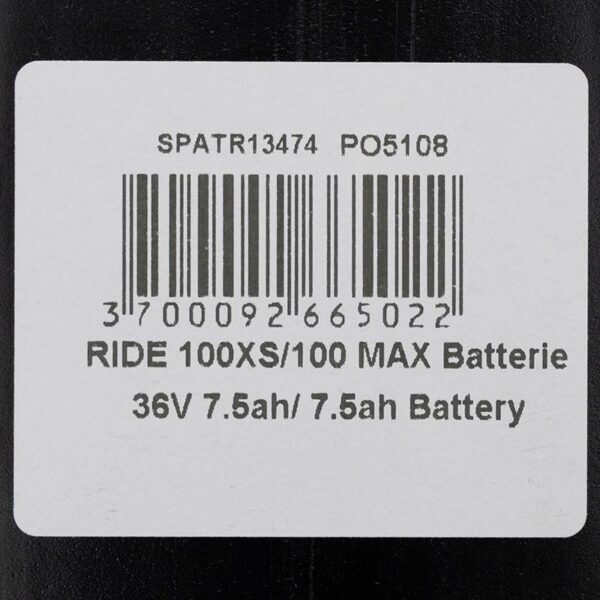 Étiquette d'identification du pack : batterie 36 V 7,5 Ah pour Ride 100XS et 100 Max Étiquette d'identification du pack : batterie 36 V 7,5 Ah pour Ride 100XS et 100 Max