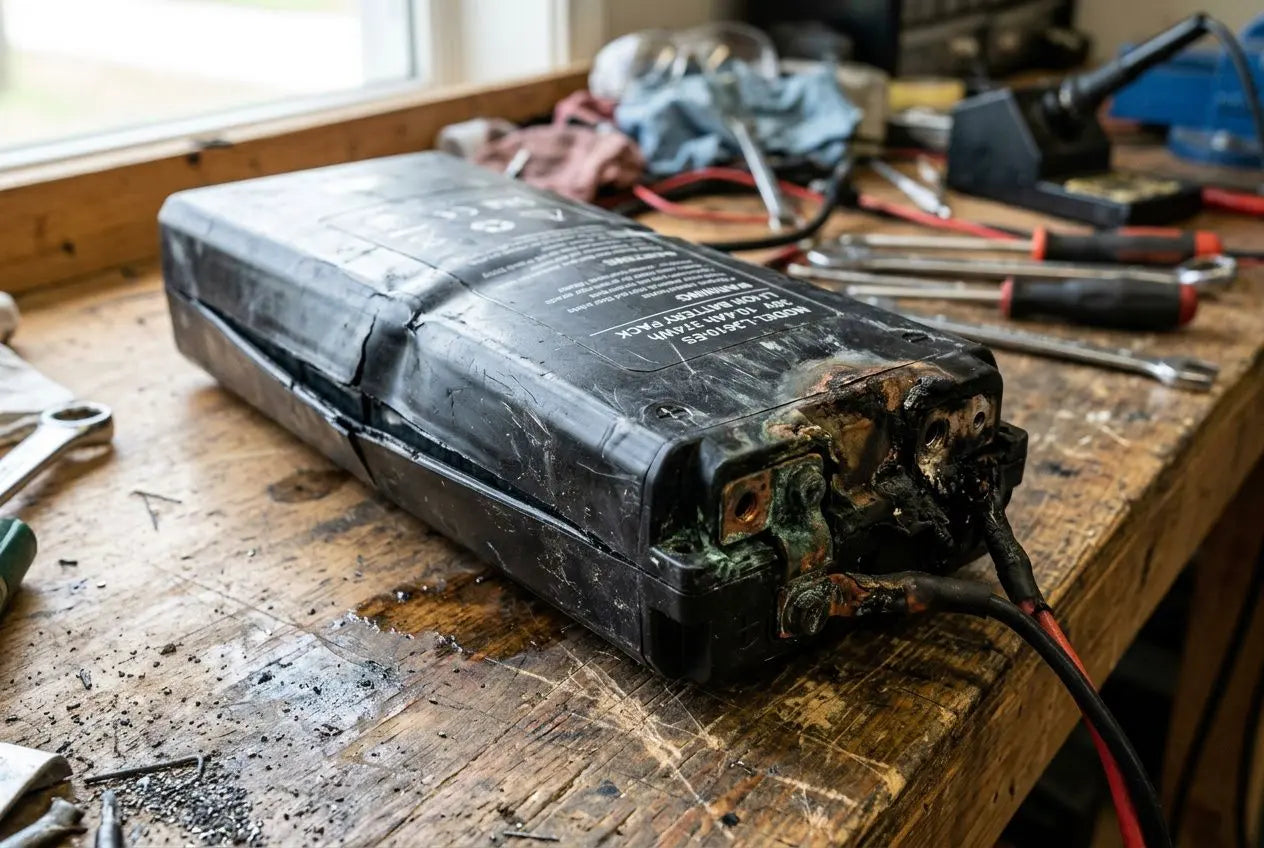 Batterie de trottinette électrique endommagée et usée sur un établi, vis et outils autour. Problème batterie trottinette électrique susceptible d’indiquer une défaillance ou une réparation nécessaire.