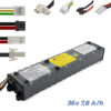 Batterie 36 V 7,8 Ah pour Xiaomi M365 vue de trois quarts, avec ses quatre types de connecteurs Batterie 36 V 7,8 Ah pour Xiaomi M365 vue de trois quarts, avec ses quatre types de connecteurs