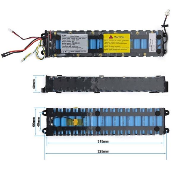 Batterie Xiaomi M365 en vue cotée : 325 mm de long, 66 mm de large, 40 mm de haut, cellules 18650 visibles Batterie Xiaomi M365 en vue cotée : 325 mm de long, 66 mm de large, 40 mm de haut, cellules 18650 visibles