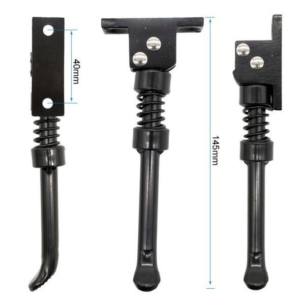 Béquille Wispeed T850 / T855 — les trois vues cotées : 145 mm de longueur et 40 mm entre les trous de fixation Béquille Wispeed T850 / T855 — les trois vues cotées : 145 mm de longueur et 40 mm entre les trous de fixation