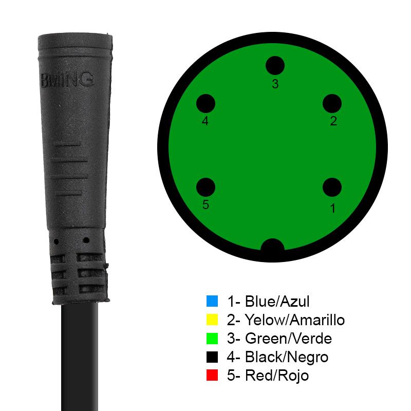 Brochage du connecteur rond du câble Kukirin G2 Pro 2024 : 1 bleu, 2 jaune, 3 vert, 4 noir, 5 rouge
