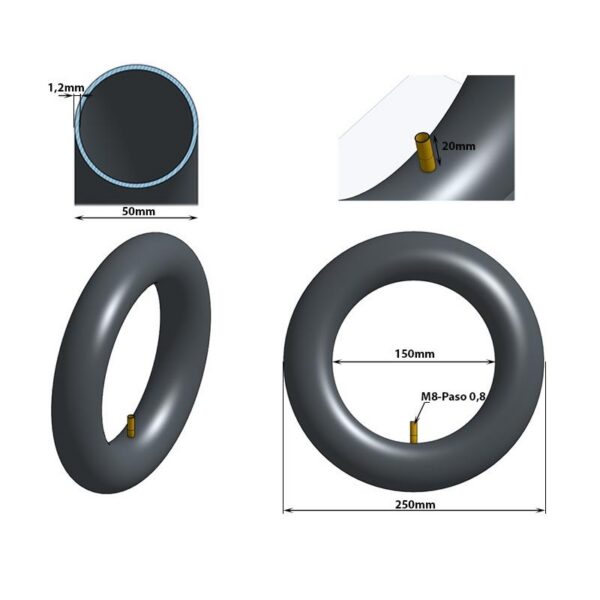 Cotes de la chambre à air 10 × 2 : Ø 250 mm, section 50 mm, valve droite M8 pas 0,8 Cotes de la chambre à air 10 × 2 : Ø 250 mm, section 50 mm, valve droite M8 pas 0,8