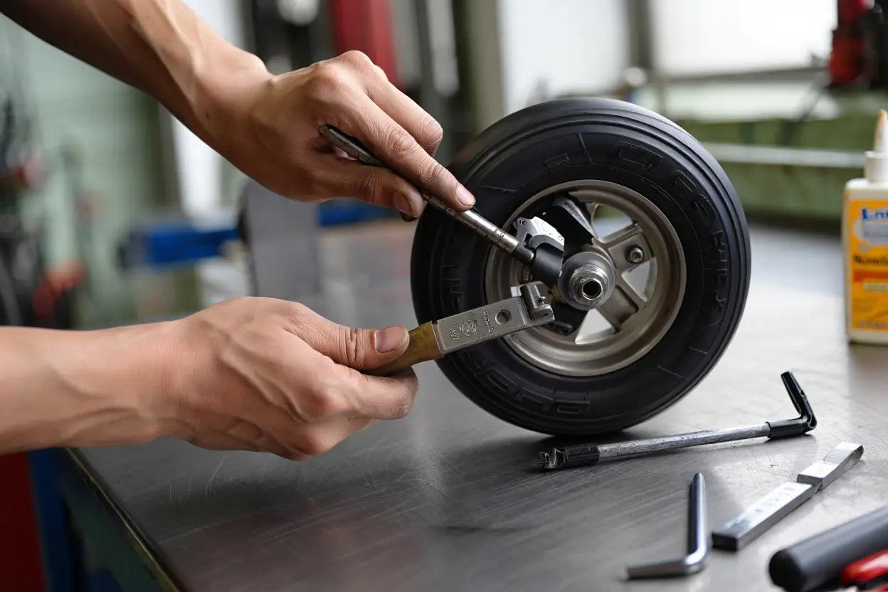 Changer pneu trottinette électrique dualtron mini : montage hors cadre, démonte et outil pour roue arrière de trottinette en atelier.