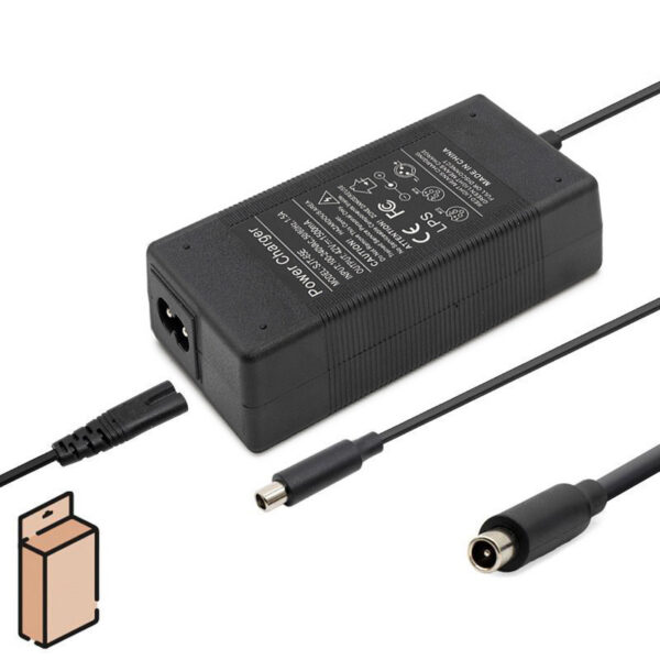 Chargeur Xiaomi M365 vu de dessus, boîtier noir nervuré et connecteur de sortie rond Chargeur Xiaomi M365 vu de dessus, boîtier noir nervuré et connecteur de sortie rond