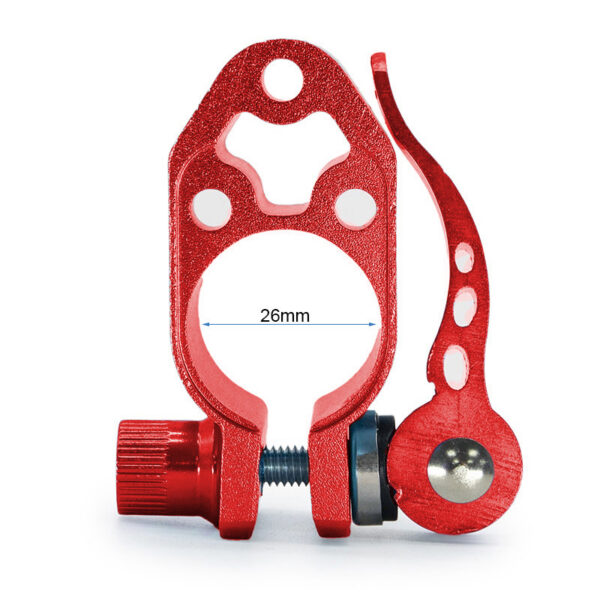 Collier de serrage de potence rouge — vue de face avec l'alésage de 26 mm coté, corps ajouré et fente de serrage