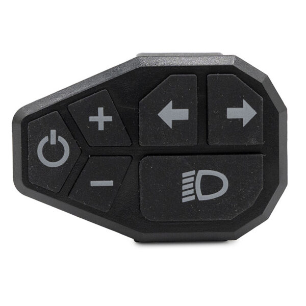 Les six touches du commodo Ecoxtrem M41 Tank : alimentation, plus, moins, clignotants gauche et droit, phare Les six touches du commodo Ecoxtrem M41 Tank : alimentation, plus, moins, clignotants gauche et droit, phare