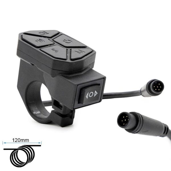 Commodo iScooter iX3 / iX4 — platine à cinq touches, collier de guidon et câble à connecteur étanche Commodo iScooter iX3 / iX4 — platine à cinq touches, collier de guidon et câble à connecteur étanche