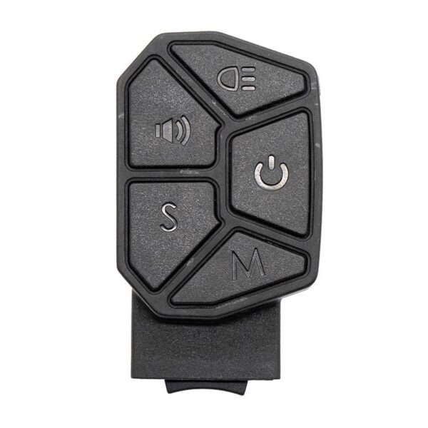 Commodo iScooter iX3 / iX4 — les cinq touches vues de dessus : phare, klaxon, marche/arrêt, S et M Commodo iScooter iX3 / iX4 — les cinq touches vues de dessus : phare, klaxon, marche/arrêt, S et M