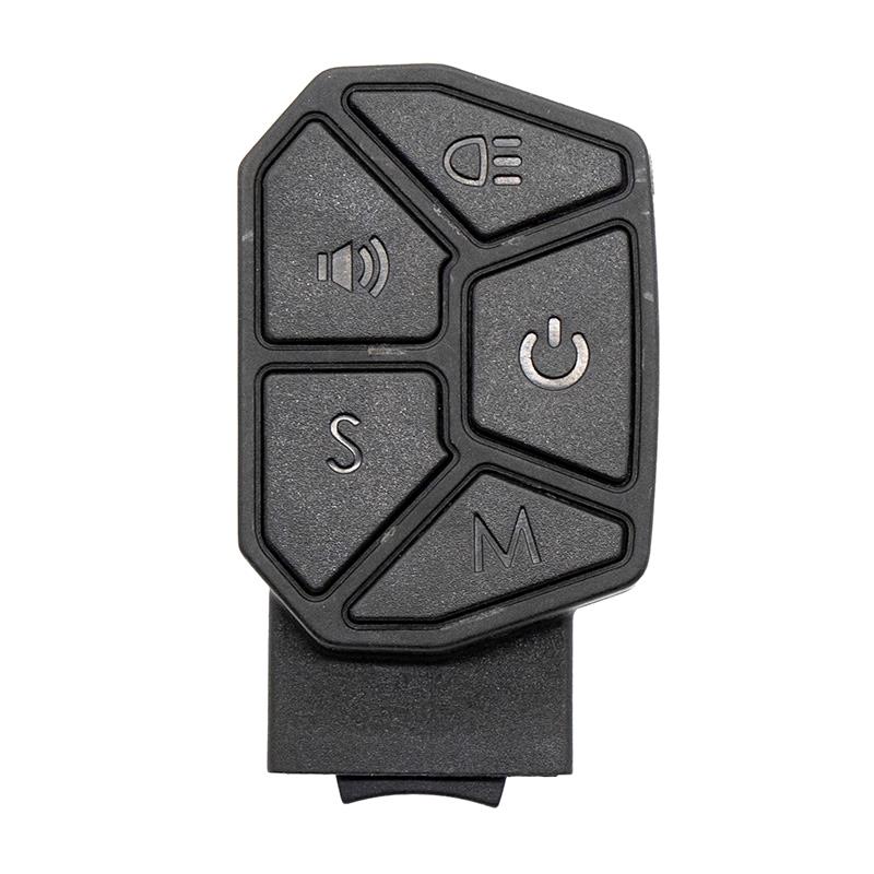 Commodo iScooter iX3 / iX4 — les cinq touches vues de dessus : phare, klaxon, marche/arrêt, S et M