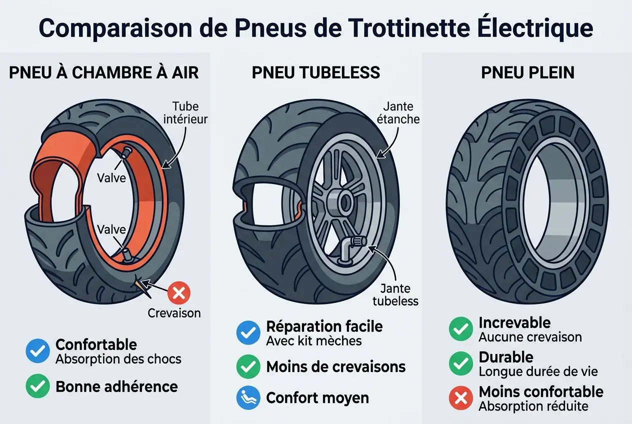 Comparaison des pneus de trottinette électrique: pneu à chambre à air, pneu tubeless et pneu plein, avec points forts et limites.