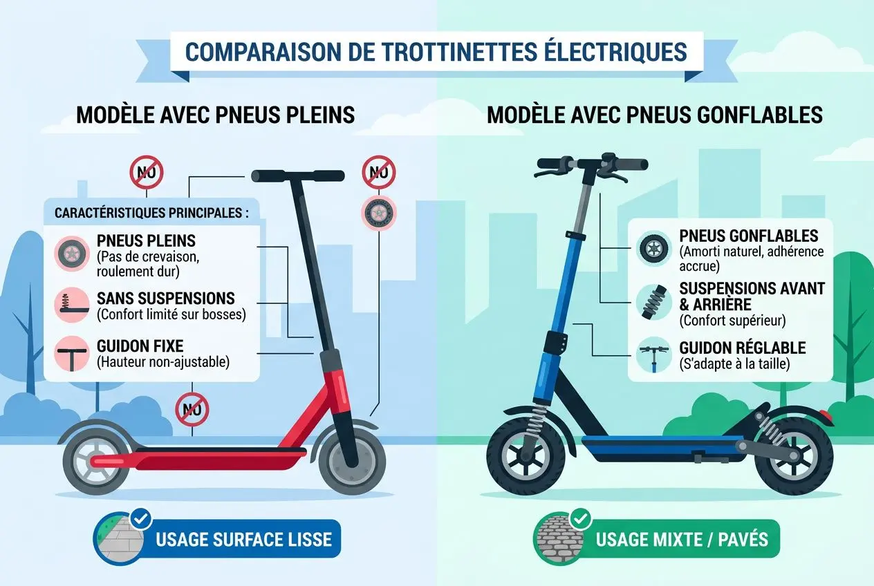 Comparaison de trottinettes électriques : modèle avec pneus pleins vs modèle avec pneus gonflables, incluant caractéristiques et usage, pour aider à comprendre « comment choisir sa trottinette électrique ».