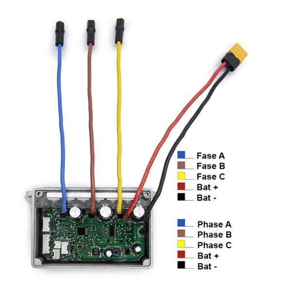 Contrôleur Ninebot Max G30 vu de dessus : repérage des trois phases moteur et des deux fils de batterie Contrôleur Ninebot Max G30 vu de dessus : repérage des trois phases moteur et des deux fils de batterie