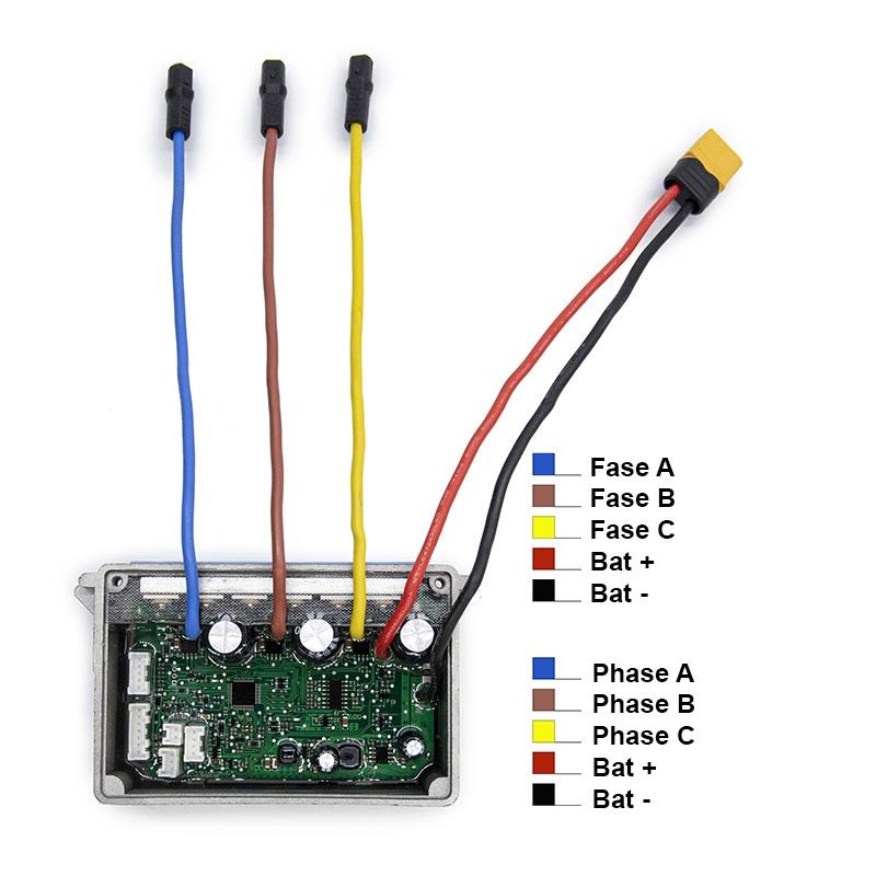 Contrôleur Ninebot Max G30 vu de dessus : repérage des trois phases moteur et des deux fils de batterie