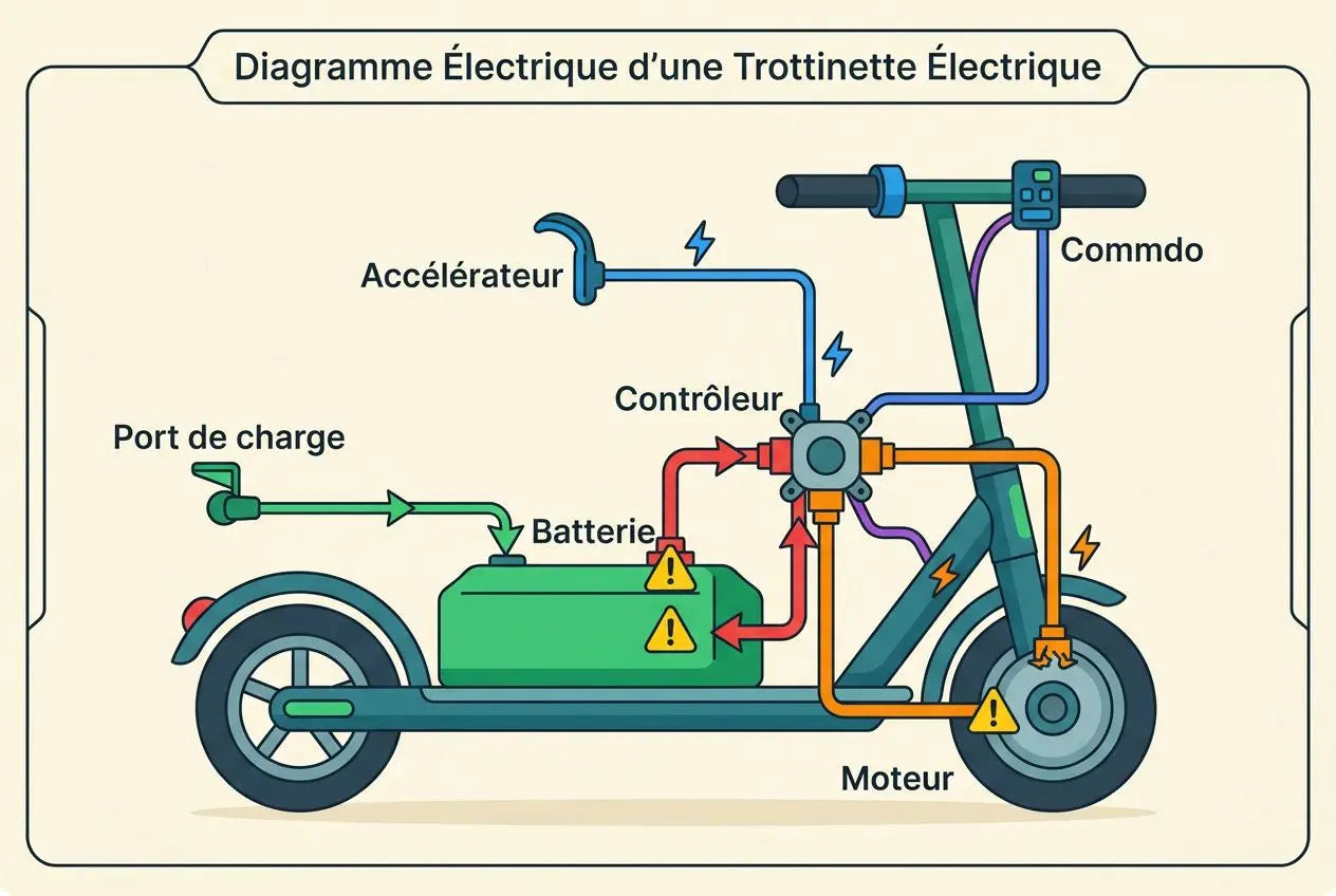 Diagramme électrique d’une trottinette électrique montrant batterie, moteur et câblage, avec contrôleur, accélérateur et port de charge. panne trottinette électrique diagnostique les causes.