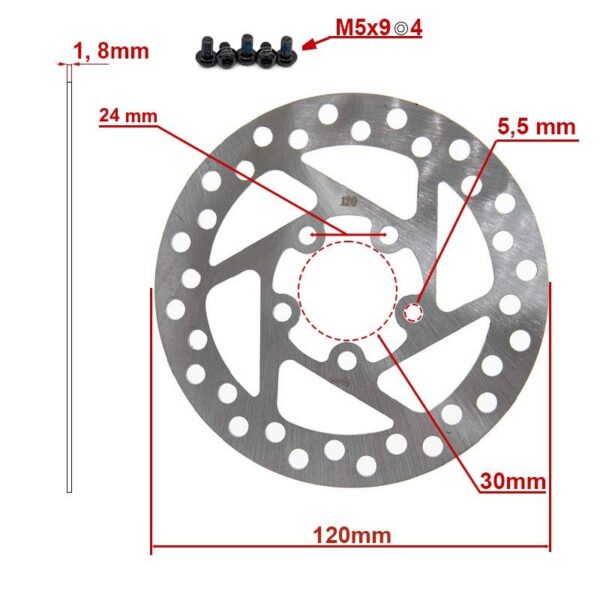 Cotes du disque de frein : 120 mm de diamètre, 1,8 mm d'épaisseur, entraxe 24 mm, alésage 30 mm Cotes du disque de frein : 120 mm de diamètre, 1,8 mm d'épaisseur, entraxe 24 mm, alésage 30 mm