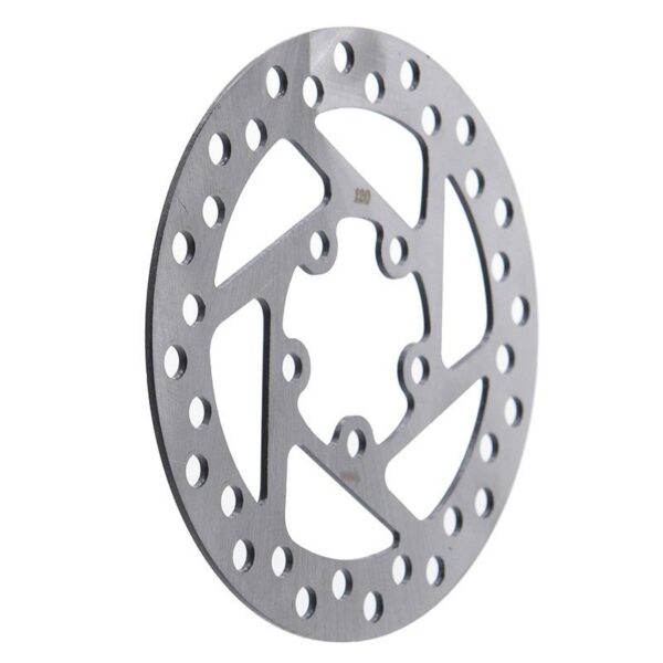 Disque de frein 120 mm vu de trois quarts, branches et perçages d'allègement Disque de frein 120 mm vu de trois quarts, branches et perçages d'allègement