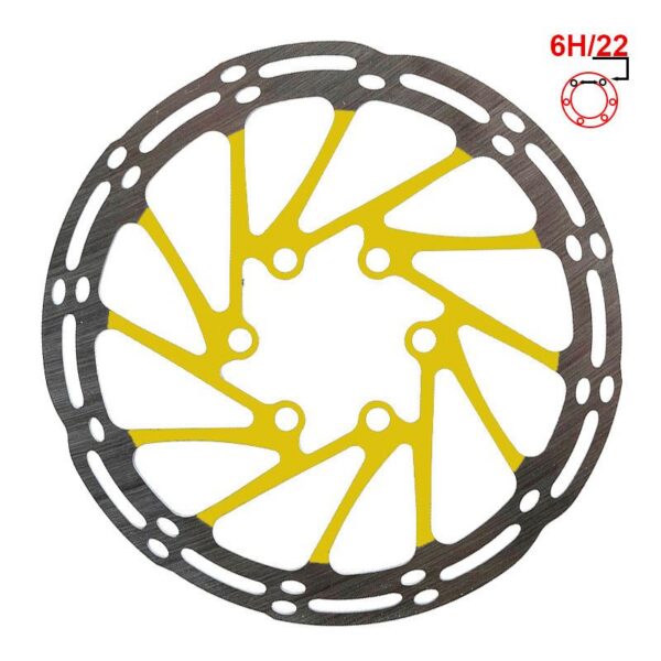 Disque de frein 140 mm à 6 trous, motif central jaune, vu de face