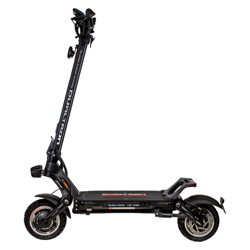 Dualtron Victor Limited de profil : châssis, pneus 10 pouces tubeless et double freinage hydraulique