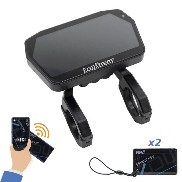 Écran Ecoxtrem M41 Tank sur son support guidon à deux colliers, avec les deux cartes NFC Smart Key fournies Écran Ecoxtrem M41 Tank sur son support guidon à deux colliers, avec les deux cartes NFC Smart Key fournies