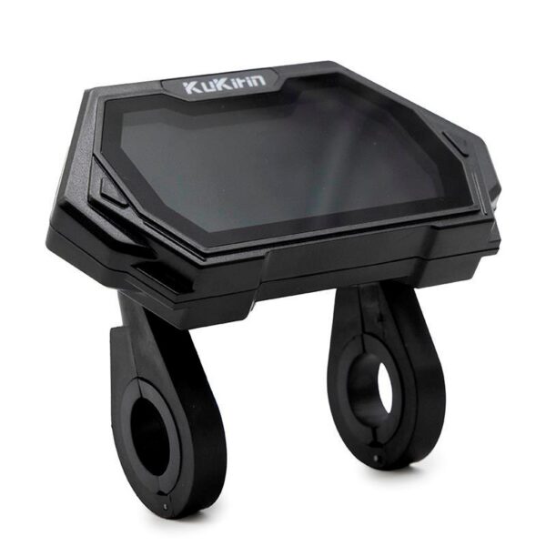 Compteur Kukirin G2 Pro 2024 vu de trois quarts, dalle hexagonale et supports de guidon