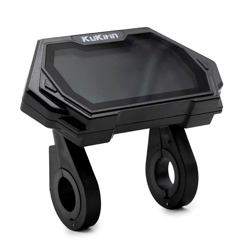 Compteur Kukirin G2 Pro 2024 vu de trois quarts, dalle hexagonale et supports de guidon