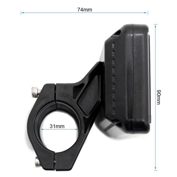 Écran vu de profil : 74 mm de profondeur, 90 mm de haut, collier pour guidon de 31 mm