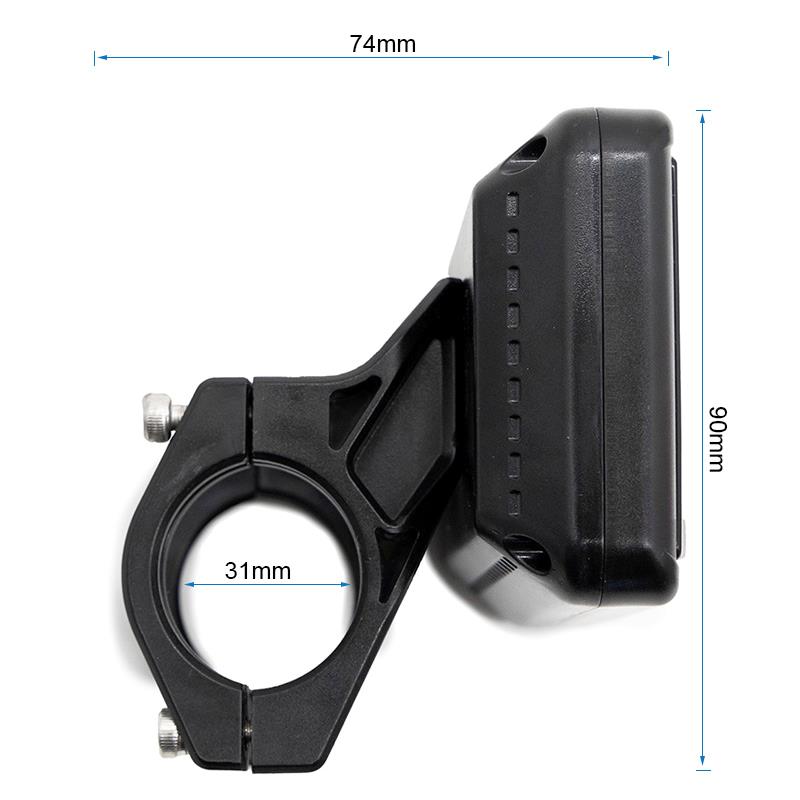 Écran vu de profil : 74 mm de profondeur, 90 mm de haut, collier pour guidon de 31 mm
