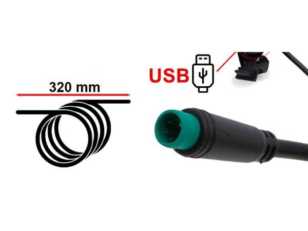 Câble de 320 mm, port USB sous capot et connecteur rond étanche à cinq broches