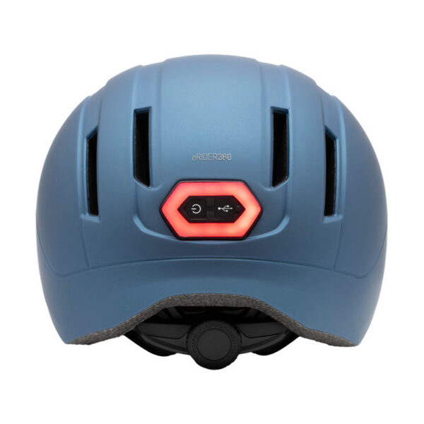 Arrière du casque COVEX Urban bleu : bouton d'allumage et prise de charge