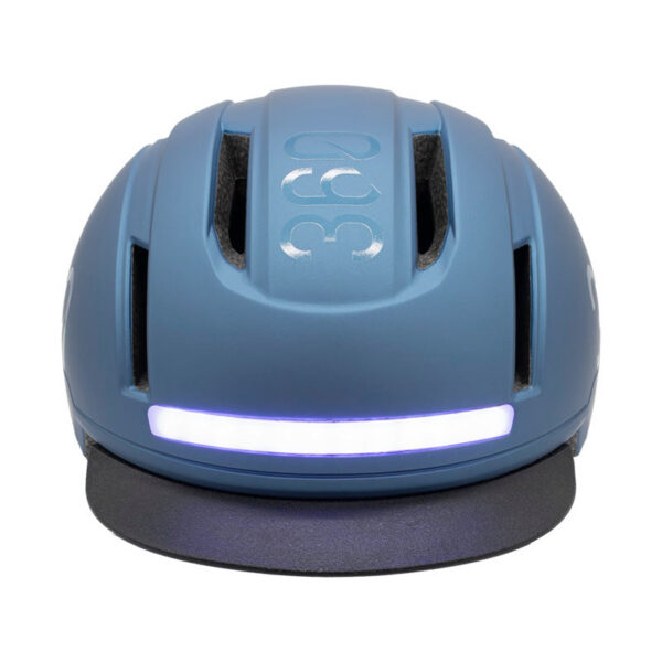 Casque COVEX Urban bleu vu de face, bandeau lumineux allumé
