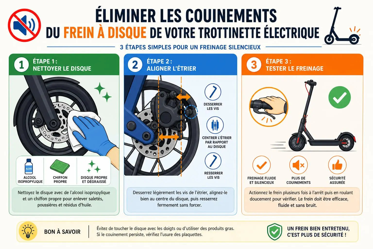 Frein qui grince trottinette électrique : infographie étape par étape pour nettoyer, aligner et tester un freinage silencieux sur une trottinette électrique.