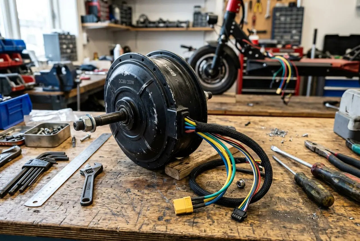 Installation d’un moteur roue démonté avec câblage, outils et scooter en fond; diagnostic potentiel du problème moteur trottinette électrique.