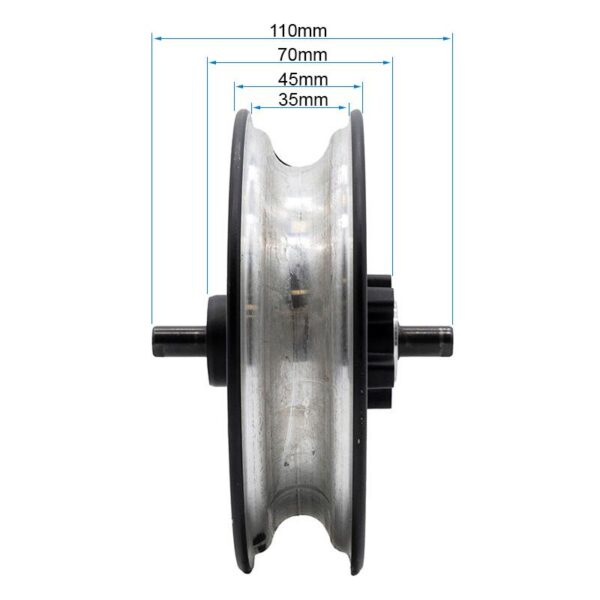 Jante arrière Wispeed T850 T855 — vue de profil cotée, largeur hors-tout 110 mm et axe traversant Jante arrière Wispeed T850 T855 — vue de profil cotée, largeur hors-tout 110 mm et axe traversant