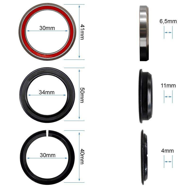 Cotes du jeu de direction Kukirin G2 Pro 2024 : roulement 41 × 30 × 6,5 mm, cuvette 50 × 34 × 11 mm, bague 40 × 30 × 4 mm