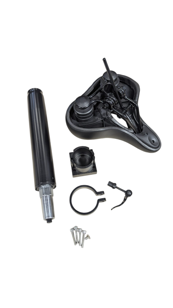 Kit selle Dualtron vu de dessous : armature de la selle, vérin télescopique, support carré, collier de serrage, levier de blocage et vis de fixation