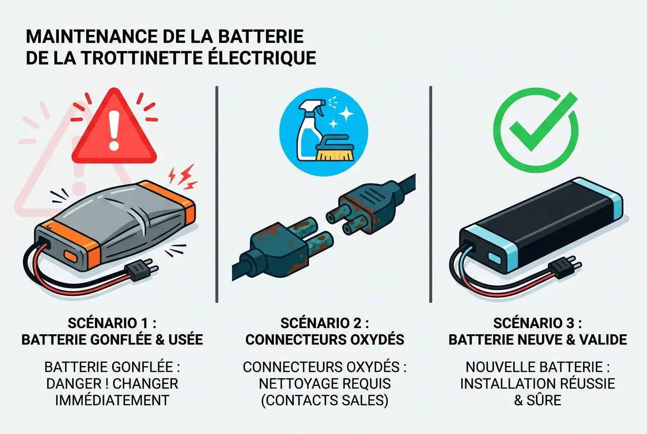 Maintien de batterie de trottinette électrique : scénarios, gonflée, connecteurs oxydés et installation d’une nouvelle batterie réussie et sûre. Comment entretenir une batterie de trottinette électrique.