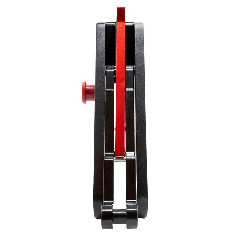 Module de pliage Wispeed T855 — vue de champ : le levier rouge sur toute la longueur et le bouton poussoir de sécurité
