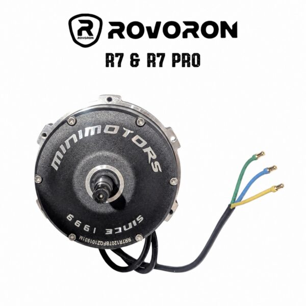 Moteur arrière Rovoron R7 — moyeu brushless noir, axe cannelé et trois fils de phase à cosses dorées