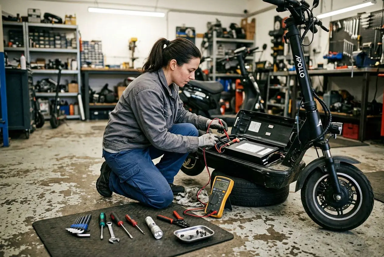 Diagnostic d’une trottinette électrique au multimètre, outils étalés au sol