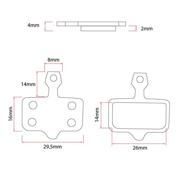 Schéma coté de la plaquette : support 29,5 × 16 mm, garniture 26 × 14 mm, 4 mm d'épaisseur dont 2 mm de support Schéma coté de la plaquette : support 29,5 × 16 mm, garniture 26 × 14 mm, 4 mm d'épaisseur dont 2 mm de support