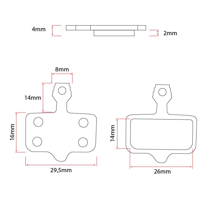Schéma coté de la plaquette : support 29,5 × 16 mm, garniture 26 × 14 mm, 4 mm d'épaisseur dont 2 mm de support