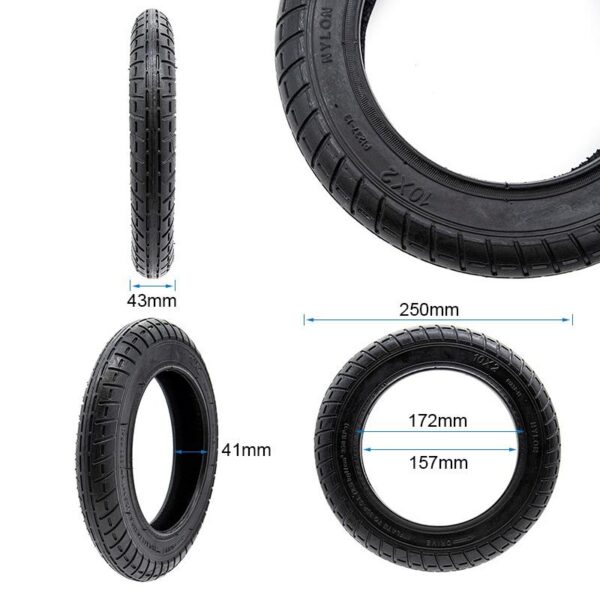 Cotes du pneu 10 × 2 : 250 mm de diamètre, 43 mm de large, flanc de 41 mm