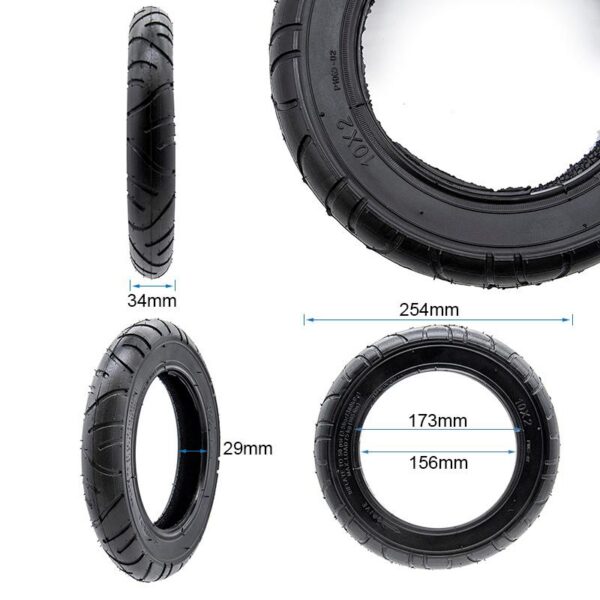 Cotes du pneu 10 × 2 étroit : 254 mm de diamètre, 34 mm de large, flanc de 29 mm