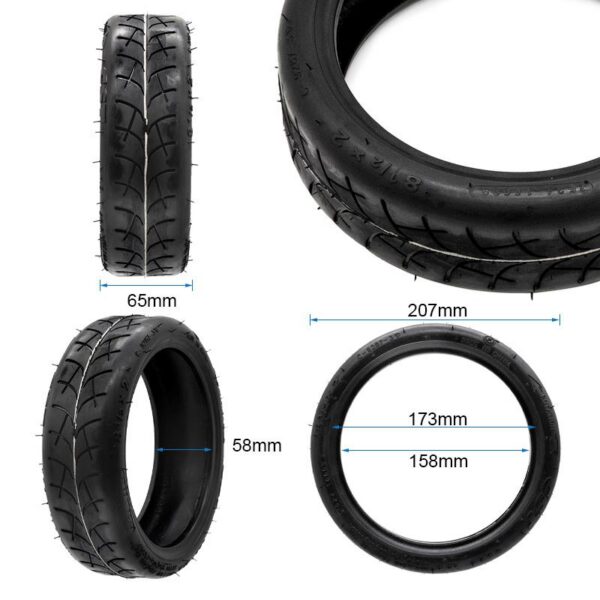 Cotes du pneu 8,5 × 2 renforcé : 207 mm de diamètre, 65 mm de large, flanc de 58 mm Cotes du pneu 8,5 × 2 renforcé : 207 mm de diamètre, 65 mm de large, flanc de 58 mm
